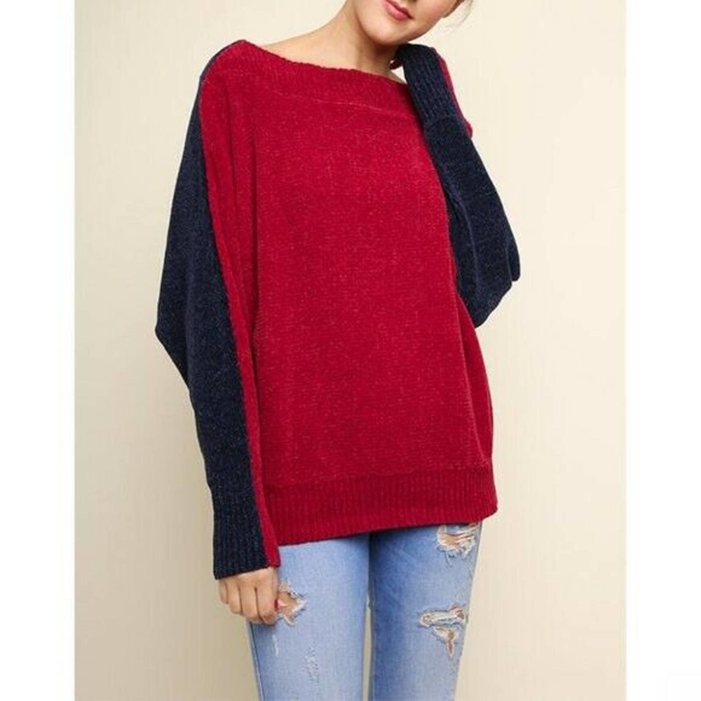 Umgee Red And Navy Blue Off Shoulder Dolman Colorblock Pullover Sweater Medium